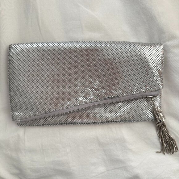 Silver mesh chain beaded retro fold over evening clutch tassel party purse bag - Picture 1 of 9